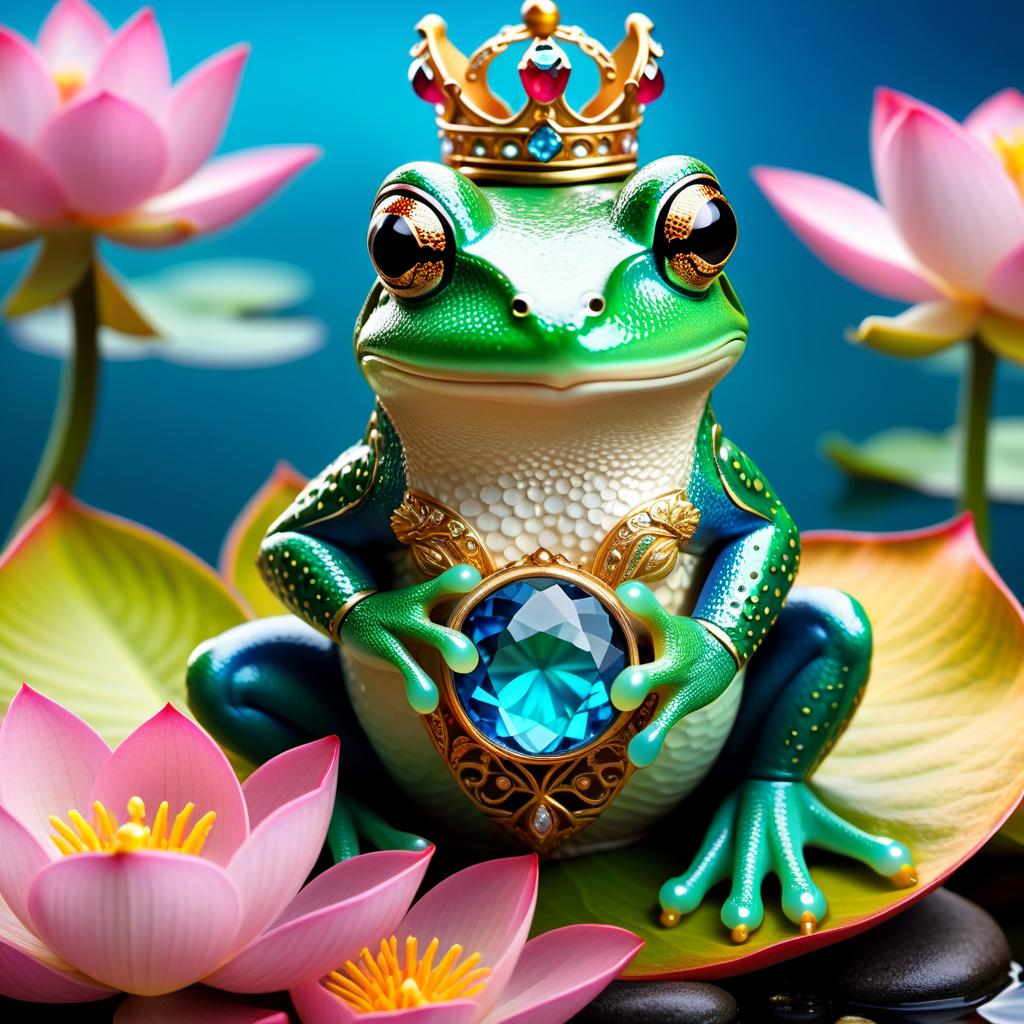  ethereal fantasy concept art of (Background): a lake with blooming lotuses of different shades: from white pink to bright crimson and leaves of tender green colour. The sky above the lake of dark blue colour with golden stars scattered on it. (Fantasy Princess Frog): in the centre of the lake on the biggest lotus flower sits a charming frog in a golden crown decorated with blue and blue precious stones. In his paws he holds a ring decorated with blue stones. Style: fantasy, Russian fairy tales, illustrations. . magnificent, celestial, ethereal, painterly, epic, majestic, magical, fantasy art, cover art, dreamy hyperrealistic, full body, detailed clothing, highly detailed, cinematic lighting, stunningly beautiful, intricate, sharp focus, f/1. 8, 85mm, (centered image composition), (professionally color graded), ((bright soft diffused light)), volumetric fog, trending on instagram, trending on tumblr, HDR 4K, 8K