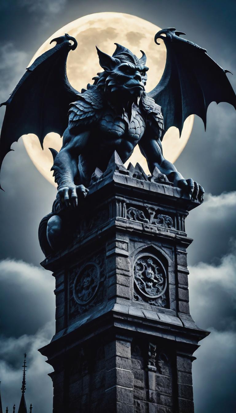  gothic style depiction of a gargoyle perched on a moonlit tower. Dark, mysterious, scary, haunting, dramatic, ornate, detailed. . dark, mysterious, haunting, dramatic, ornate, detailed, hyperrealistic, full body, detailed clothing, highly detailed, cinematic lighting, stunningly beautiful, intricate, sharp focus, f/1. 8, 85mm, (centered image composition), (professionally color graded), ((bright soft diffused light)), volumetric fog, trending on instagram, trending on tumblr, HDR 4K, 8K