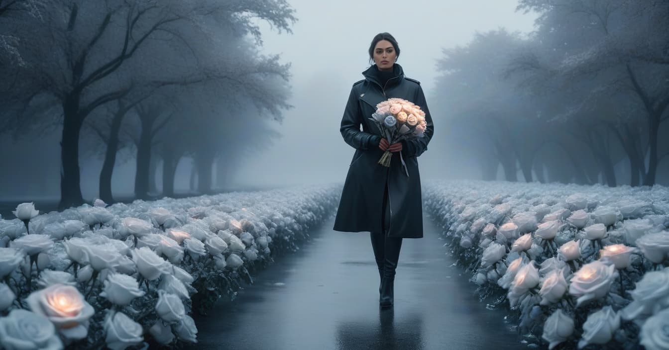  A girl walks with a bouquet of melting ice roses. hyperrealistic, full body, detailed clothing, highly detailed, cinematic lighting, stunningly beautiful, intricate, sharp focus, f/1. 8, 85mm, (centered image composition), (professionally color graded), ((bright soft diffused light)), volumetric fog, trending on instagram, trending on tumblr, HDR 4K, 8K