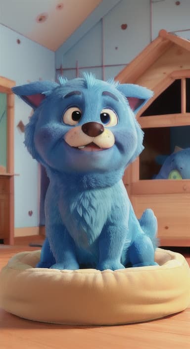  {Max snuggled up in his comfy dog bed inside the house, fast asleep, The big blue dog is large with sky blue fur, big round eyes, a black nose, and floppy ears.