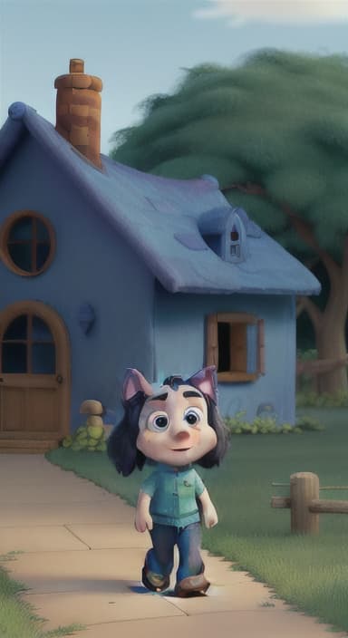  {Max walking back towards the cozy little house with droopy eyes, as twilight falls, The big blue dog is large with sky blue fur, big round eyes, a black nose, and floppy ears.