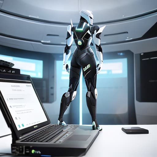  A futuristic robot hunched over a computer keyboard. hyperrealistic, full body, detailed clothing, highly detailed, cinematic lighting, stunningly beautiful, intricate, sharp focus, f/1. 8, 85mm, (centered image composition), (professionally color graded), ((bright soft diffused light)), volumetric fog, trending on instagram, trending on tumblr, HDR 4K, 8K