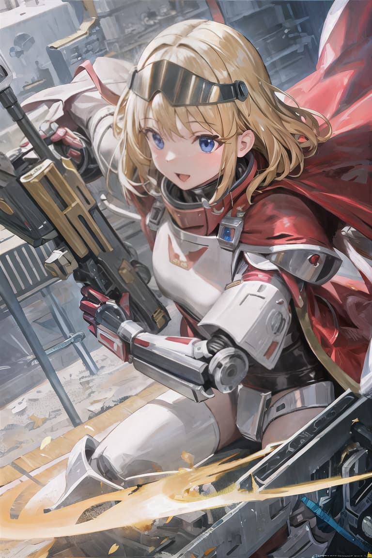  master piece , best quality,Hero, blond hair, futuristic visor, bright red mechanical armor, space patterned cape