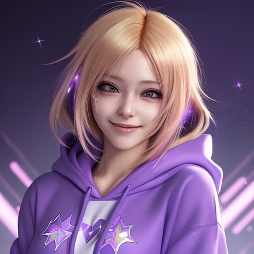  portrait of smiling cyberpunk anime woman with blondish hair, wearing a purple hoodie, with magical sparkles in the air