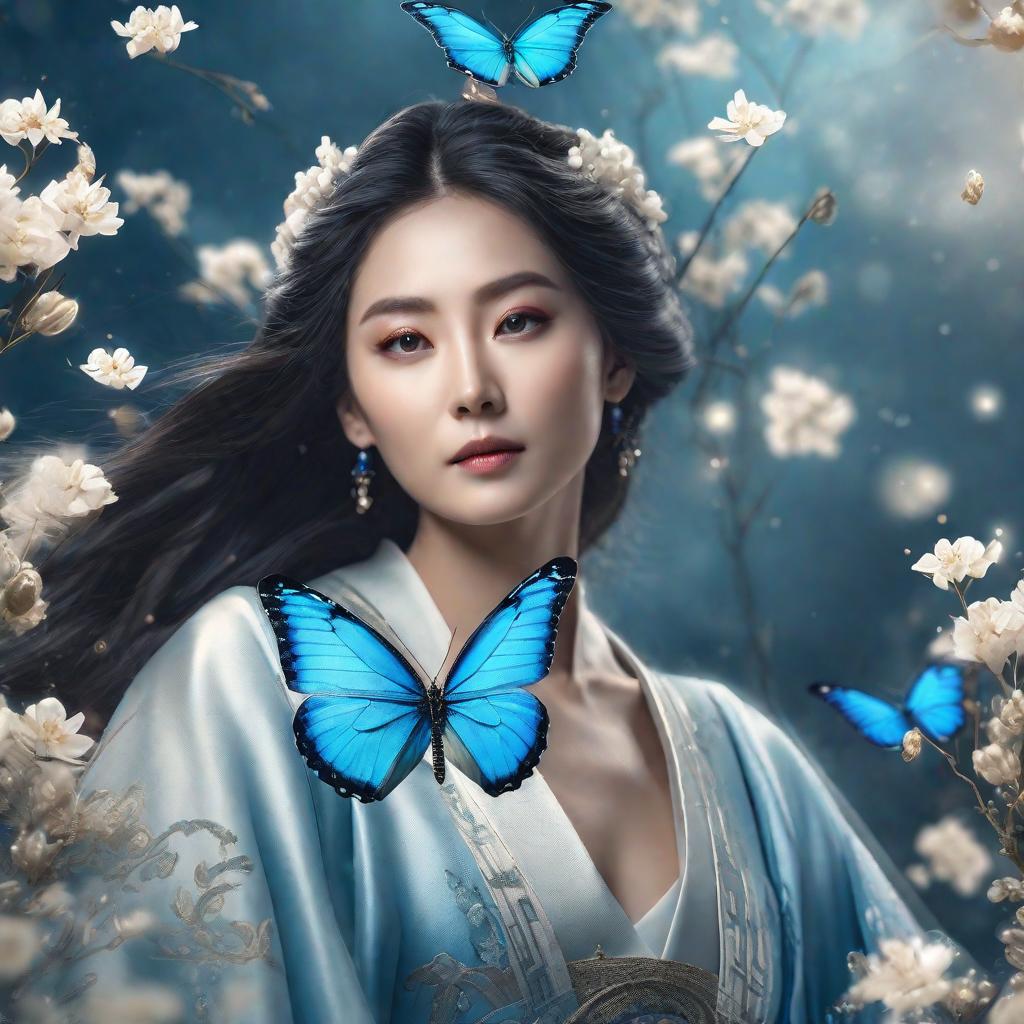  masterpiece, best quality, (Fidelity: 1.4), Best Quality, Masterpiece, Ultra High Resolution, Poster, Fantasy Art, Very Detailed Faces, 8k resolution, Chinese Style, An woman, Side Face, Quiet, Light Blue Hanfu, Tulle Coat, Long Black Hair, Light Blue Fringed Hair Ornament, Hairpin, White Ribbon, White Flower Bush, Light Blue Butterfly Flying, cinematic lighting effects