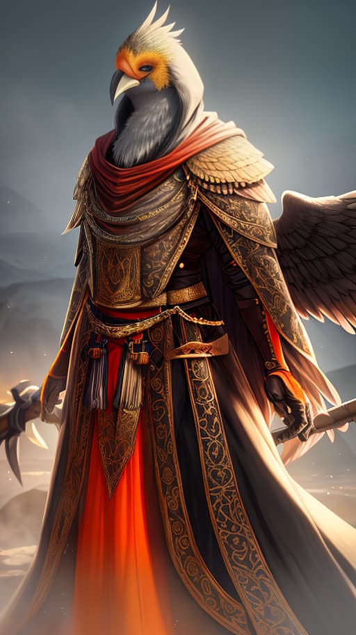  Mixture of Aarakocra and Kenku from dnd with orange feathers and a long beak, Standing with a hood on his head and a phoenix on his shoulder, by Andrew McCarthy, Navaneeth Unnikrishnan, Manuel Dietrich, photo realistic, 8 k, cinematic lighting, hd, atmospheric, hyperdetailed, trending on artstation, deviantart, photography, glow effect hyperrealistic, full body, detailed clothing, highly detailed, cinematic lighting, stunningly beautiful, intricate, sharp focus, f/1. 8, 85mm, (centered image composition), (professionally color graded), ((bright soft diffused light)), volumetric fog, trending on instagram, trending on tumblr, HDR 4K, 8K