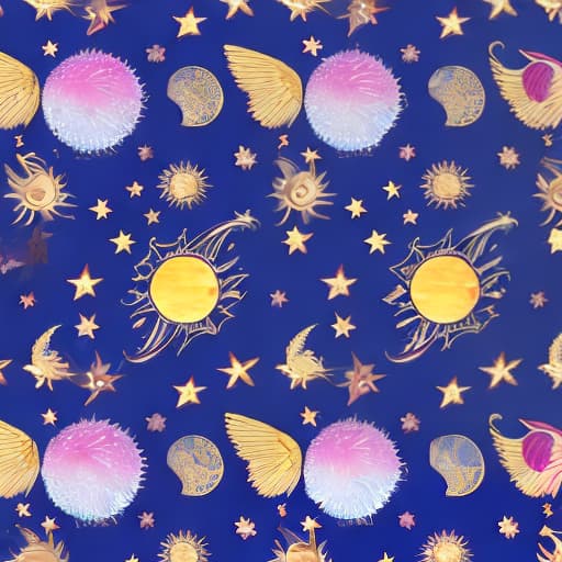  Pattern with astrology stars sun moon horses with wings in bright pastel colors.