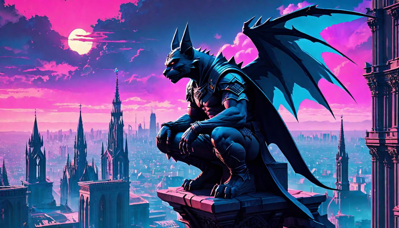  vaporwave,cyberpunk game style A gargoyle perched atop a gothic cathedral, overlooking the city with a sneer, stone embodiment of disdain and counterfeit guardianship, shadows cast over the streets below, the weight of judgment from above, historical watcher of conflicteon, dystopian, futuristic, digital, vibrant, detailed, high contrast, reminiscent of cyberpunk genre video games,retro aesthetic, cyberpunk, vibrant, neon colors, vintage 80s and 90s style, highly detailed