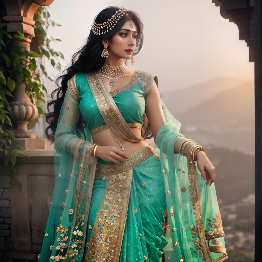  A beautiful indian girl hyperrealistic, full body, detailed clothing, highly detailed, cinematic lighting, stunningly beautiful, intricate, sharp focus, f/1. 8, 85mm, (centered image composition), (professionally color graded), ((bright soft diffused light)), volumetric fog, trending on instagram, trending on tumblr, HDR 4K, 8K