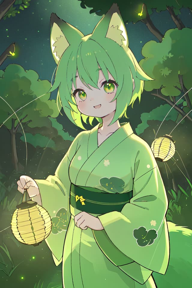  A yukata of the green hair character in the fox ear, the light of countless fireflies shines in the dark countryside, a very beautiful smile, a large amount of fireflies dancing, detailed shadows, delicate lines, detailed fine details. Line, ultra high image quality, 4K, 8K