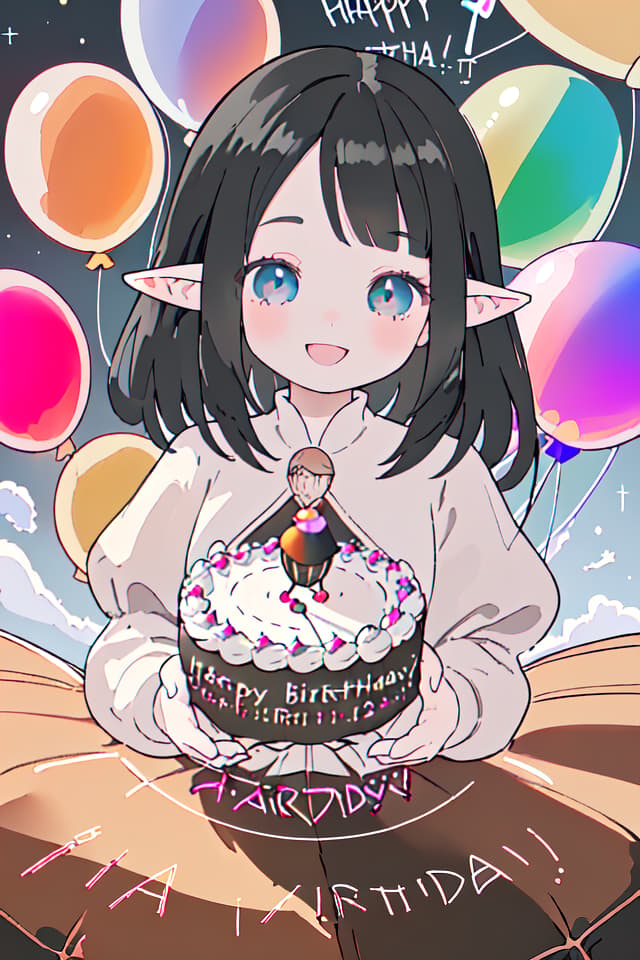  (Bangs: 1.2, ForeHead: 1.2, Black Hair, Elf Ears, Happy Smile), ((Happy Birthday Text: 1.5, 🎂, Balloon🎈)) AsterPiece: 1.4 , Super Fine Textures, Raw Photo Realistic, Outrageous Resolution, 8k Illustration