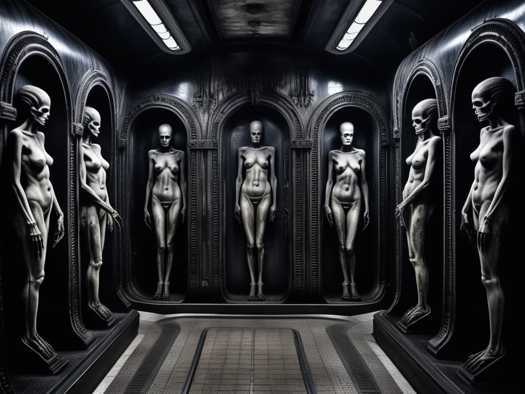  macabre style (train arrives at a metro ero station a Giger style:1.5, H.R.Giger`s world), the station is decorated with nude statues of women in the wall, gloomy, monochrome . dark, gothic, grim, haunting, highly detailed