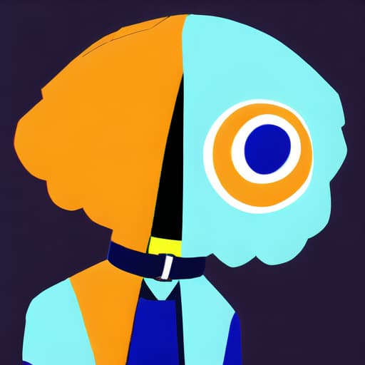  orange 👽 alien, (wearing dog collar on neck, collar Complementary color schemes, blue base and yellow trim). Focus collar