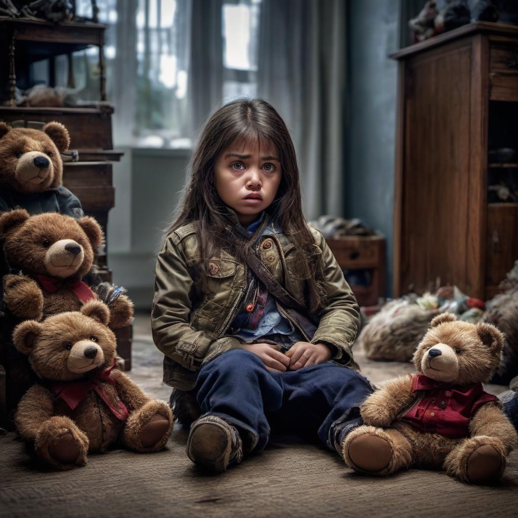  HDR photo of A six yea is sitting on the floor, slightly frowning, crying. Around her lies a stuffed bear torn into pieces. . High dynamic range, vivid, rich details, clear shadows and highlights, realistic, intense, enhanced contrast, highly detailed hyperrealistic, full body, detailed clothing, highly detailed, cinematic lighting, stunningly beautiful, intricate, sharp focus, f/1. 8, 85mm, (centered image composition), (professionally color graded), ((bright soft diffused light)), volumetric fog, trending on instagram, trending on tumblr, HDR 4K, 8K