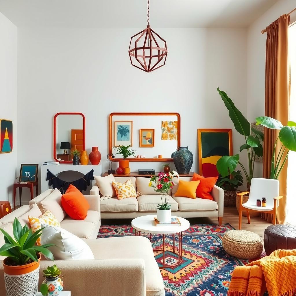  boho living room featuring strategically placed mirrors that enhance the sense of space, adorned with colorful textiles, earthy tones, and lush indoor plants. capture the reflective surfaces surrounded by eclectic decor, showcasing a warm and inviting atmosphere.,