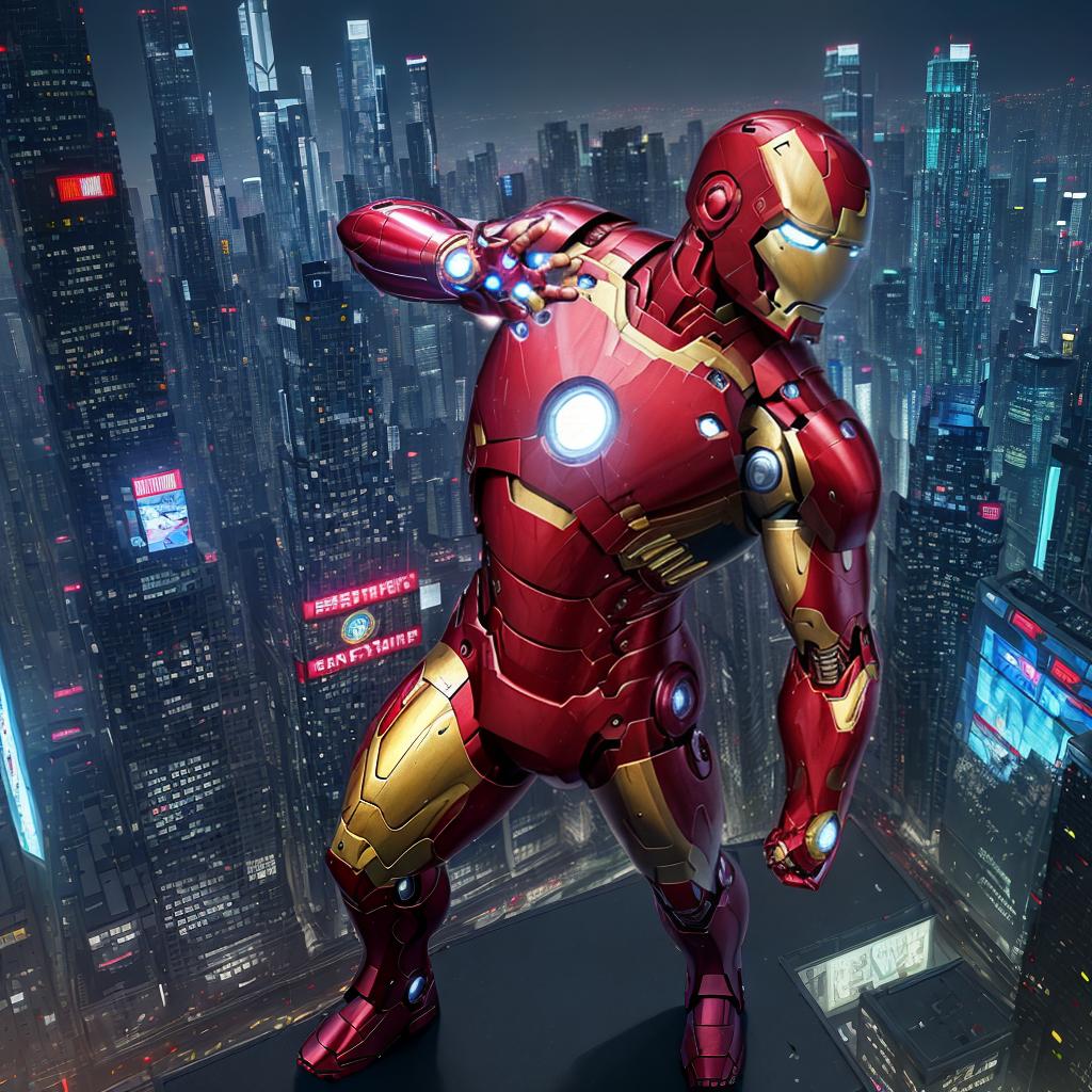  masterpiece, best quality, masterpiece, 8k resolution, realistic, highly detailed, Iron Man close-up. In a cyberpunk style city night scene, he stands on a street lined with tall buildings. The city's night lights are bright, and the surrounding buildings and streets are full of cyberpunk elements such as neon lights, high-tech equipment and futuristic architectural design. https://image.remaker.ai/assets/diffuseondraw/models/v2/general2.png? x-oss-process = image/resize,m_fixed,w_128,h_128