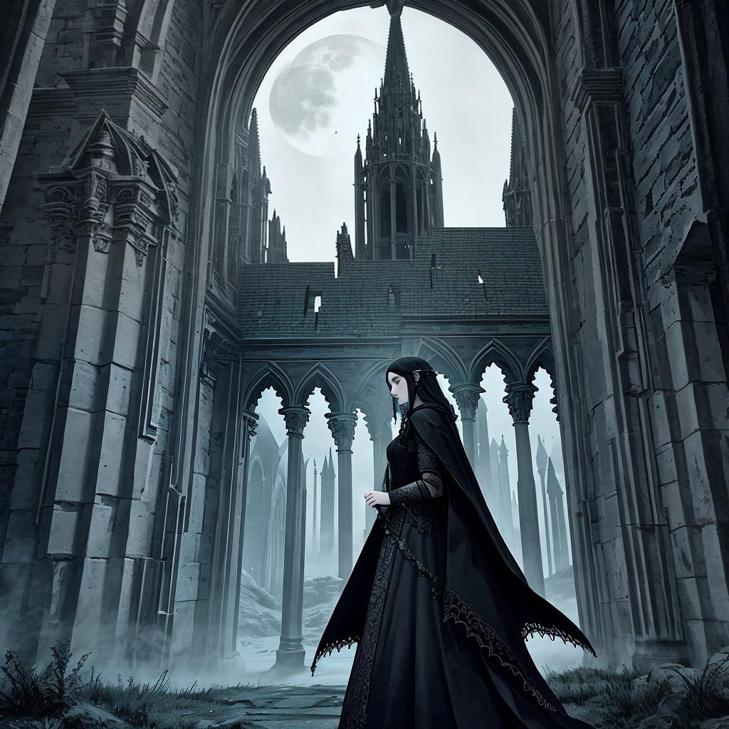  in a gothic aesthetic, Ethereal spires pierce the moonlit sky, as ancient arches weave tales of forgotten realms in a Gothic tapestry.