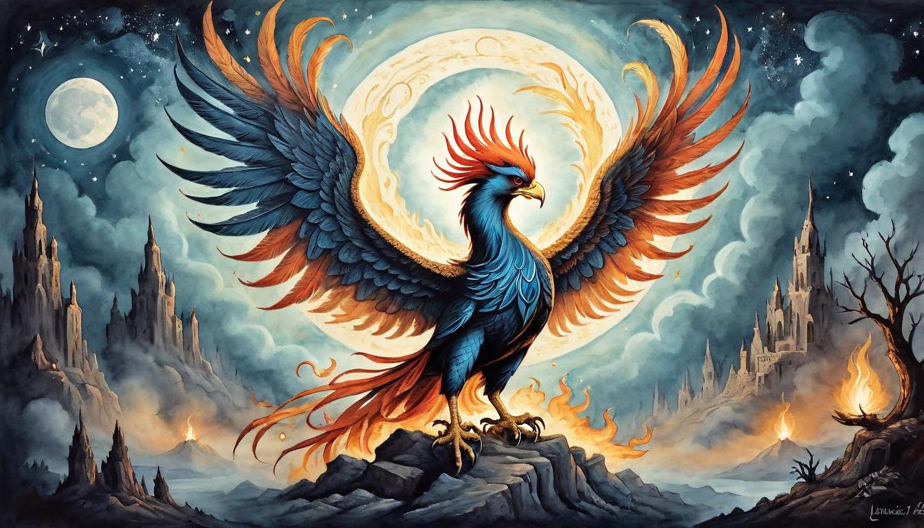  on parchment, surrealism+++, A Phoenix rising from ashes under a moonlit sky, embodying the deepening of a spiritual journey and the impact of awakening on oneself and others, rebirth, luminescent transformation.(mysterious, provocative, symbolic,muted color)+++