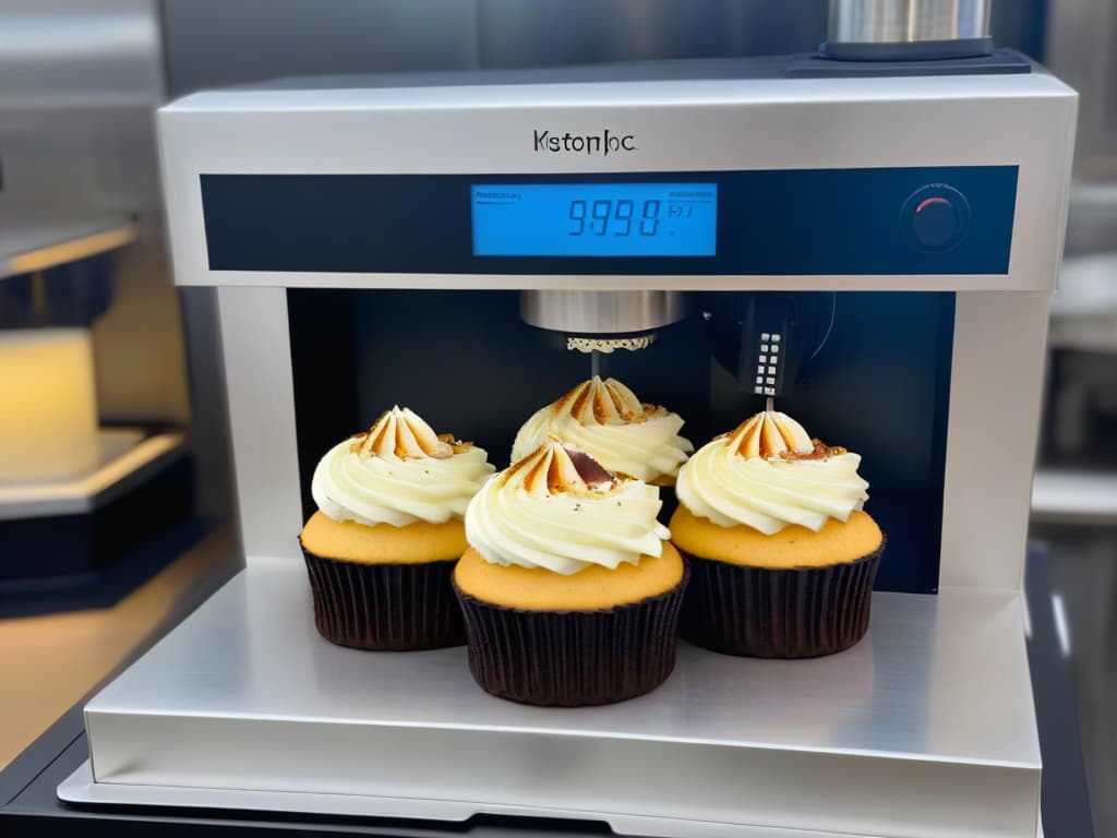  A closeup, ultradetailed image of a sleek, modern cupcake machine in matte black, showcasing its intricate piping mechanisms and digital display panel, set against a soft, blurred background to emphasize its minimalist design and professional allure. hyperrealistic, full body, detailed clothing, highly detailed, cinematic lighting, stunningly beautiful, intricate, sharp focus, f/1. 8, 85mm, (centered image composition), (professionally color graded), ((bright soft diffused light)), volumetric fog, trending on instagram, trending on tumblr, HDR 4K, 8K