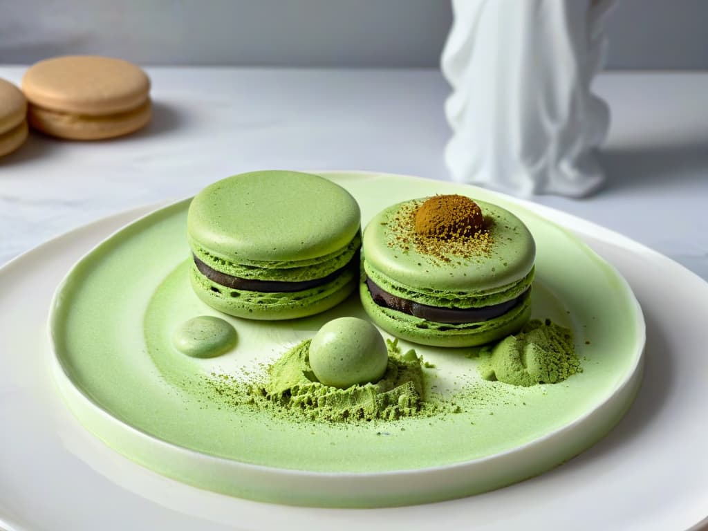  A closeup, ultradetailed image of a delicate matcha green tea macaron elegantly dusted with vibrant green tea powder, resting on a pristine white porcelain plate. The macaron features a smooth, glossy surface with subtle cracks, showcasing the intricate piping details along its edges. The plate sits on a luxurious marble countertop, where soft natural light gently illuminates the dessert, casting delicate shadows that highlight its flawless presentation. hyperrealistic, full body, detailed clothing, highly detailed, cinematic lighting, stunningly beautiful, intricate, sharp focus, f/1. 8, 85mm, (centered image composition), (professionally color graded), ((bright soft diffused light)), volumetric fog, trending on instagram, trending on tumblr, HDR 4K, 8K