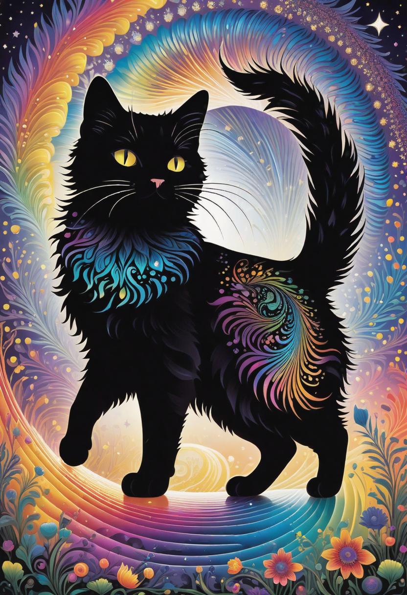  1. A mesmerizing, silhouetted cat composed of shimmering, metallic ferrofluid, gracefully prowling under the moonlight, with a captivating mix of vibrant colors and intricate patterns swirling throughout its form.
2. A playful, mischievous cat covered in iridescent ferrofluid, its fur reflecting a rainbow of colors as it flicks its tail in a dance of fluid motion, surrounded by an otherworldly glow.
3. A stoic, regal cat with a coat of lustrous, magnetic ferrofluid, standing majestically amidst a pool of liquid metal, its eyes glowing with an enigmatic intensity, imparting an aura of mystique and power. hyperrealistic, full body, detailed clothing, highly detailed, cinematic lighting, stunningly beautiful, intricate, sharp focus, f/1. 8, 85mm, (centered image composition), (professionally color graded), ((bright soft diffused light)), volumetric fog, trending on instagram, trending on tumblr, HDR 4K, 8K