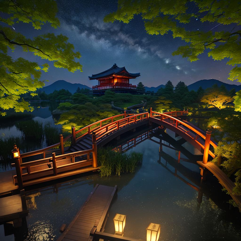  masterpiece, best quality, (Fidelity: 1.4), Best Quality, Masterpiece, Ultra High Resolution, 8k resolution, A night view inspired by Japanese art, featuring a garden illuminated by paper lanterns and a wooden bridge spanning a tranquil lake, by the lakeside, there is a small Zen temple. The water reflects the starry sky.