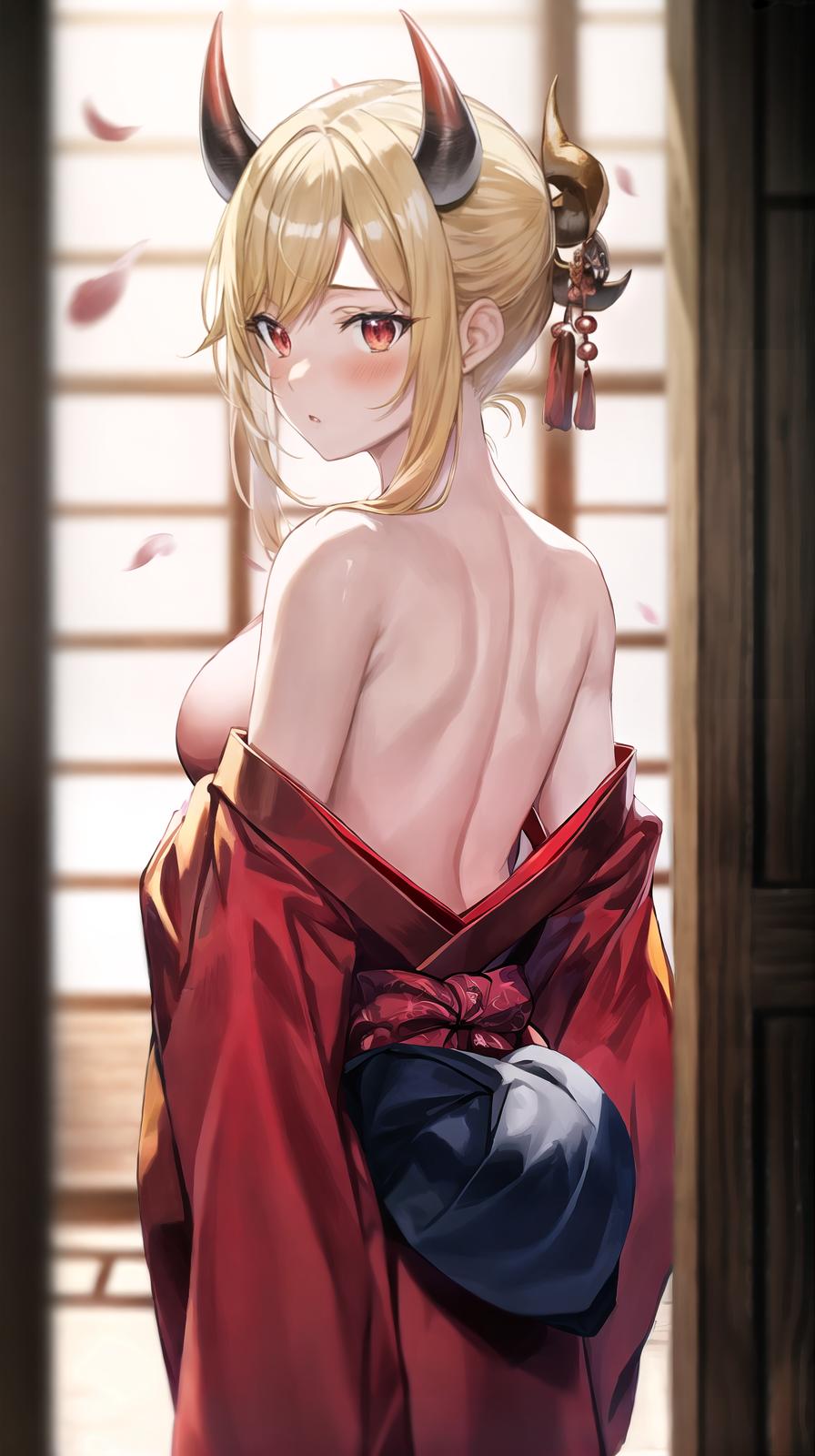  master piece , best quality,score 9, score 8 up, score 7 up, score 6 up, source anime, oni, kitagawa marin, oni horns, skin covered horns, japanese clothes, red kimono, solo, blonde hair, red eyes, cowboy shot, indoors, bare shoulders, from behind, looking back, blush, cherry blossoms, depth of field, masterpeice, best quality, very aesthetic, absurdres