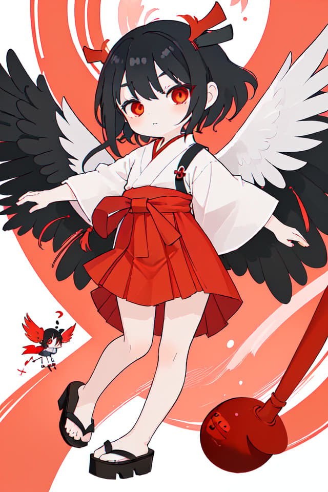  The little girl, a leg, wearing a long hem hakama, black hair, tengu, clogs, red tengu wings grow on the back