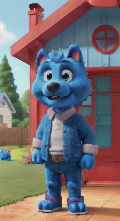  {Max the big blue dog standing in front of a cozy little house with a red door, The big blue dog is large with sky blue fur, big round eyes, a black nose, and floppy ears.