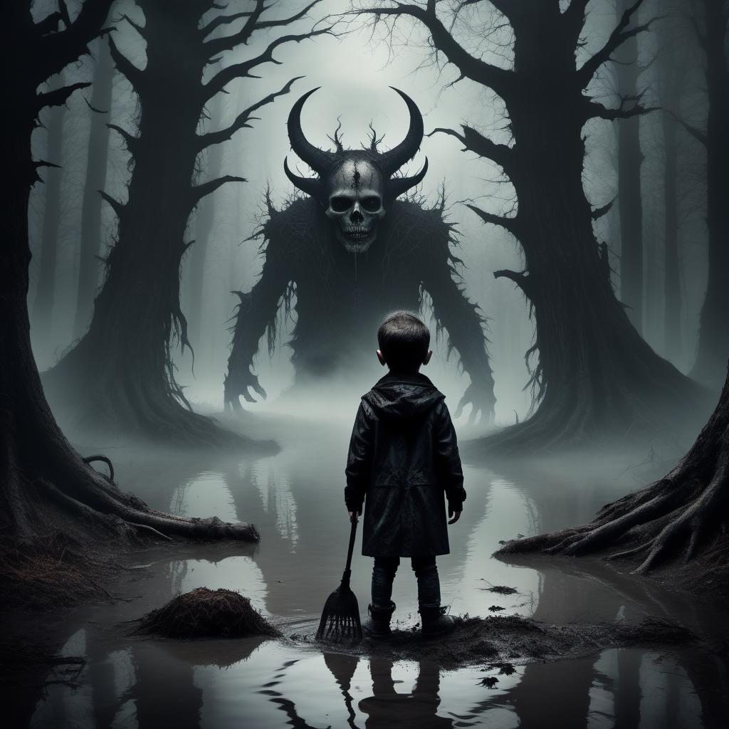  macabre style small boy + scary forest + water + dirty mud puddle + demons + fog . dark, gothic, grim, haunting, highly detailed