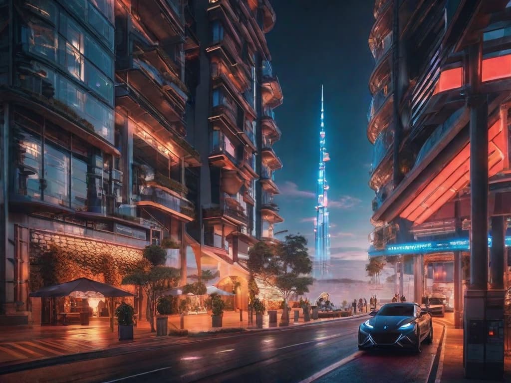  A futuristic cityscape with sleek, metallic buildings towering into the sky. In the foreground, a robotic arm extends from a high-tech vehicle, showcasing advanced automation. The scene depicts a world where technology has made traditional work optional, as envisioned by Elon Musk. digital art, ilustration, no flares, clean hyperrealistic, full body, detailed clothing, highly detailed, cinematic lighting, stunningly beautiful, intricate, sharp focus, f/1. 8, 85mm, (centered image composition), (professionally color graded), ((bright soft diffused light)), volumetric fog, trending on instagram, trending on tumblr, HDR 4K, 8K