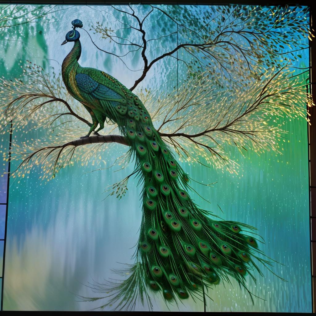  a radiant tree with glowing leaves of pure joy, dancing in a meadow of sparkling dew, with a peacock made of stained glass resting on its branches, in the style of impressionist fairycore