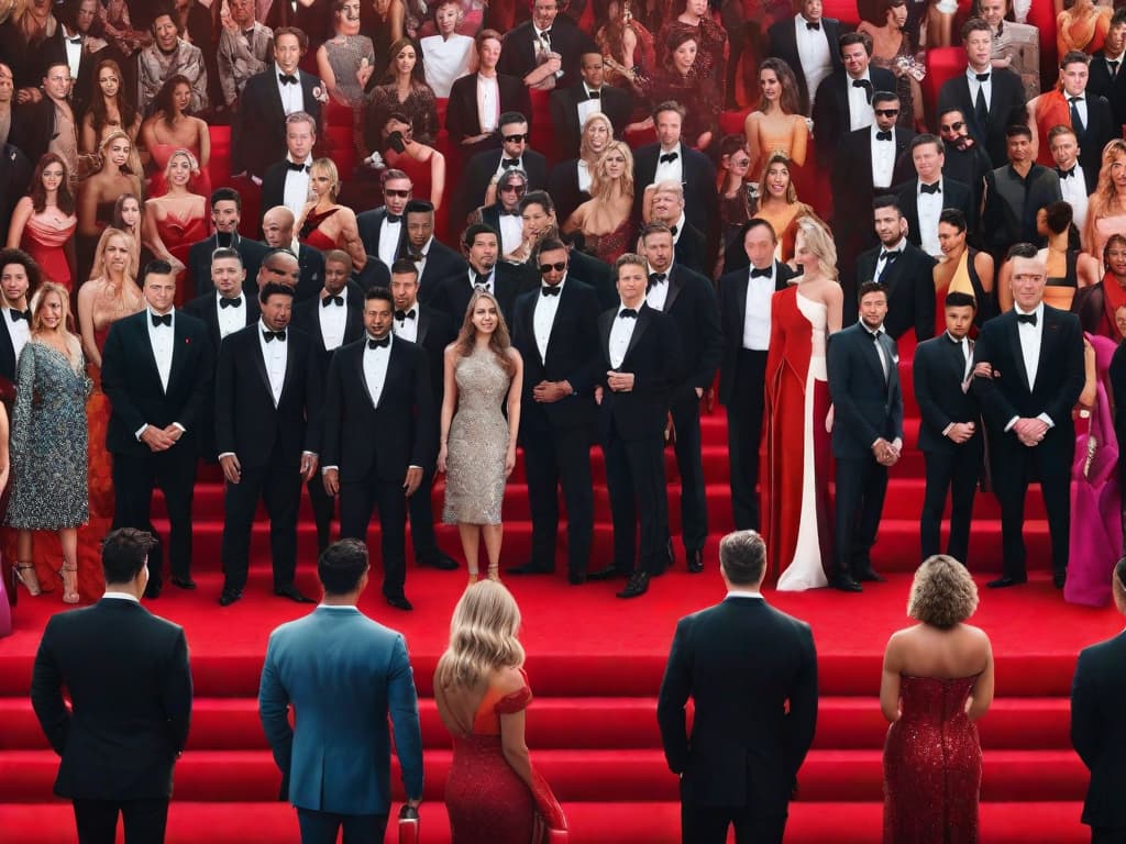  A digital collage of a red carpet with a crowd of people, some of whom appear to be celebrities, but upon closer inspection, their faces are distorted and manipulated, highlighting the deceptive nature of AI deepfakes. The image evokes controversy and raises questions about the authenticity of media representation. digital art, ilustration, no flares, clean hyperrealistic, full body, detailed clothing, highly detailed, cinematic lighting, stunningly beautiful, intricate, sharp focus, f/1. 8, 85mm, (centered image composition), (professionally color graded), ((bright soft diffused light)), volumetric fog, trending on instagram, trending on tumblr, HDR 4K, 8K