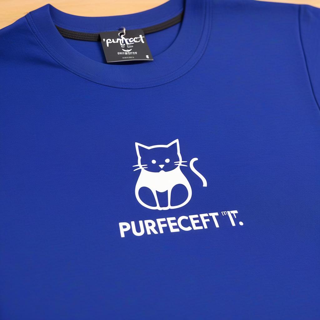  T-shirt of a minimalistic cat with the written text “PURFECT FIT” written underneath