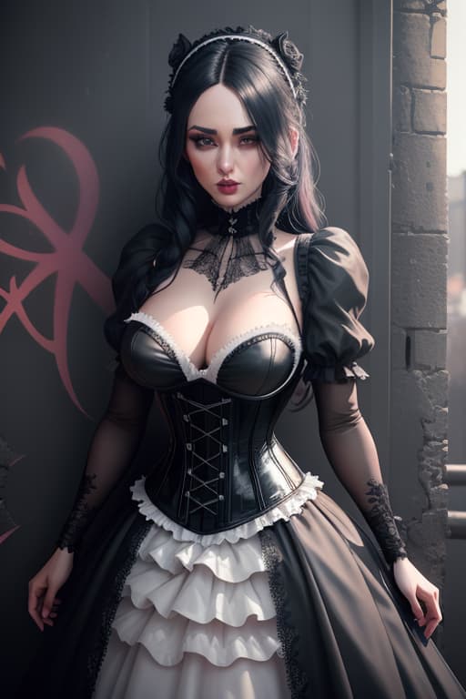  Beautiful gothic woman wearing corset and short tutu standing in front of a wall with graffiti hyperrealistic, full body, detailed clothing, highly detailed, cinematic lighting, stunningly beautiful, intricate, sharp focus, f/1. 8, 85mm, (centered image composition), (professionally color graded), ((bright soft diffused light)), volumetric fog, trending on instagram, trending on tumblr, HDR 4K, 8K