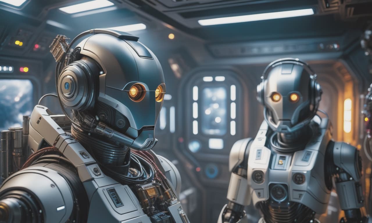  Robots work in space. hyperrealistic, full body, detailed clothing, highly detailed, cinematic lighting, stunningly beautiful, intricate, sharp focus, f/1. 8, 85mm, (centered image composition), (professionally color graded), ((bright soft diffused light)), volumetric fog, trending on instagram, trending on tumblr, HDR 4K, 8K