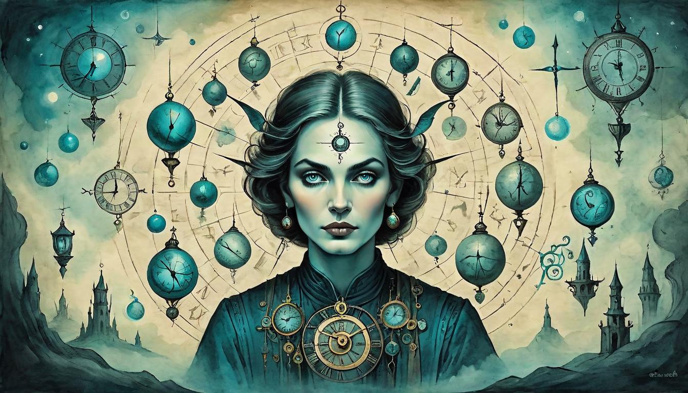  on parchment, surrealism+++, Figure surrounded by floating clocks, time management, energy focus, mystical symbols, glowing orbs, ethereal balance(mysterious, provocative, symbolic,muted color)+++