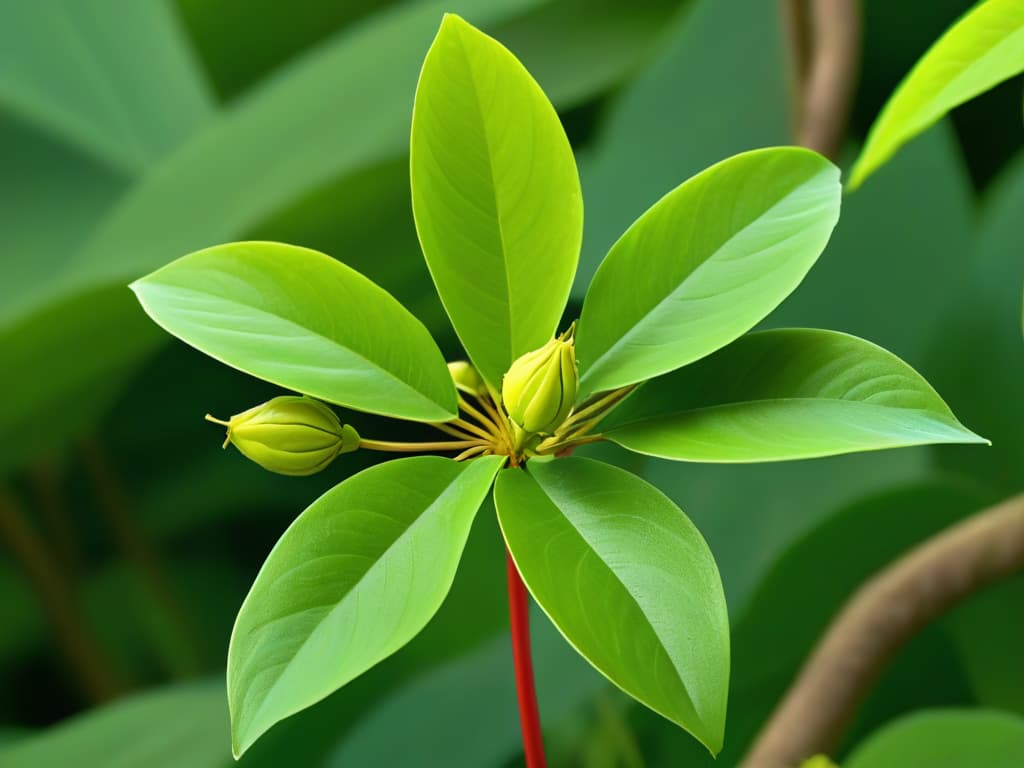  An ultradetailed image of a delicate sacha inchi plant with vibrant green leaves and distinctive starshaped seed pods, set against a softfocused background to emphasize the intricate details of the plant. The image captures the essence of this superfood, showcasing its natural beauty and potential for innovative pastry creations. The play of light and shadow enhances the texture of the plant, creating a visually striking and captivating minimalistic composition that aligns perfectly with the professional and inspirational tone of the article. hyperrealistic, full body, detailed clothing, highly detailed, cinematic lighting, stunningly beautiful, intricate, sharp focus, f/1. 8, 85mm, (centered image composition), (professionally color graded), ((bright soft diffused light)), volumetric fog, trending on instagram, trending on tumblr, HDR 4K, 8K