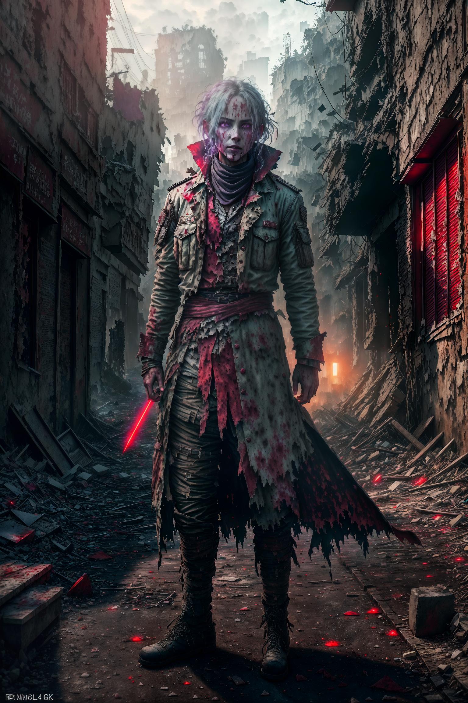  Zombie, (rotten skin:1.2), (as a zombie), (their skin should be decayed and unhealthy), (color may be gray or dark purple), (tattered clothing:1.0), (wearing old and stained clothes), (clothes can be randomly selected from various professions and life scenes), (such as doctors, police officers, chefs, etc.), (lifeless gaze:1.0), (zombie's eyes are usually empty or have malicious red glow), (bloodstains and wounds:1.0), (obvious bite marks or torn wounds on the body), (surrounded by dried or fresh bloodstains), (ruins environment:1.2), (main scene should be in the urban ruins left after destruction), (surrounded by collapsed buildings, broken vehicles, etc.), (to show that human civilization has fallen), (army gathering:1.0), (displaying a l hyperrealistic, full body, detailed clothing, highly detailed, cinematic lighting, stunningly beautiful, intricate, sharp focus, f/1. 8, 85mm, (centered image composition), (professionally color graded), ((bright soft diffused light)), volumetric fog, trending on instagram, trending on tumblr, HDR 4K, 8K