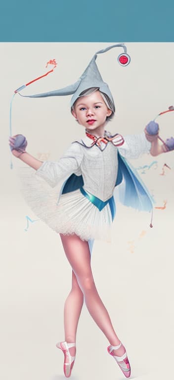 mdjrny-v4 style a girl with a witch hat a doctor stethoscope a Supergirl cape a ballerina tutu her nails painted in a ballerina dancing position with short bob cut hair