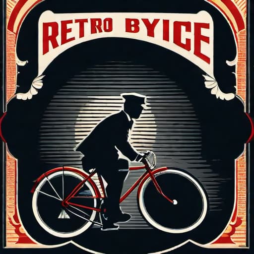  Vintage poster style image keyword for a t-shirt: "Retro bicycle ride" with a black background, a drawing of a person riding a bicycle, with soft lighting, a side view perspective, and a wide-angle lens to capture the whole scene. hyperrealistic, full body, detailed clothing, highly detailed, cinematic lighting, stunningly beautiful, intricate, sharp focus, f/1. 8, 85mm, (centered image composition), (professionally color graded), ((bright soft diffused light)), volumetric fog, trending on instagram, trending on tumblr, HDR 4K, 8K