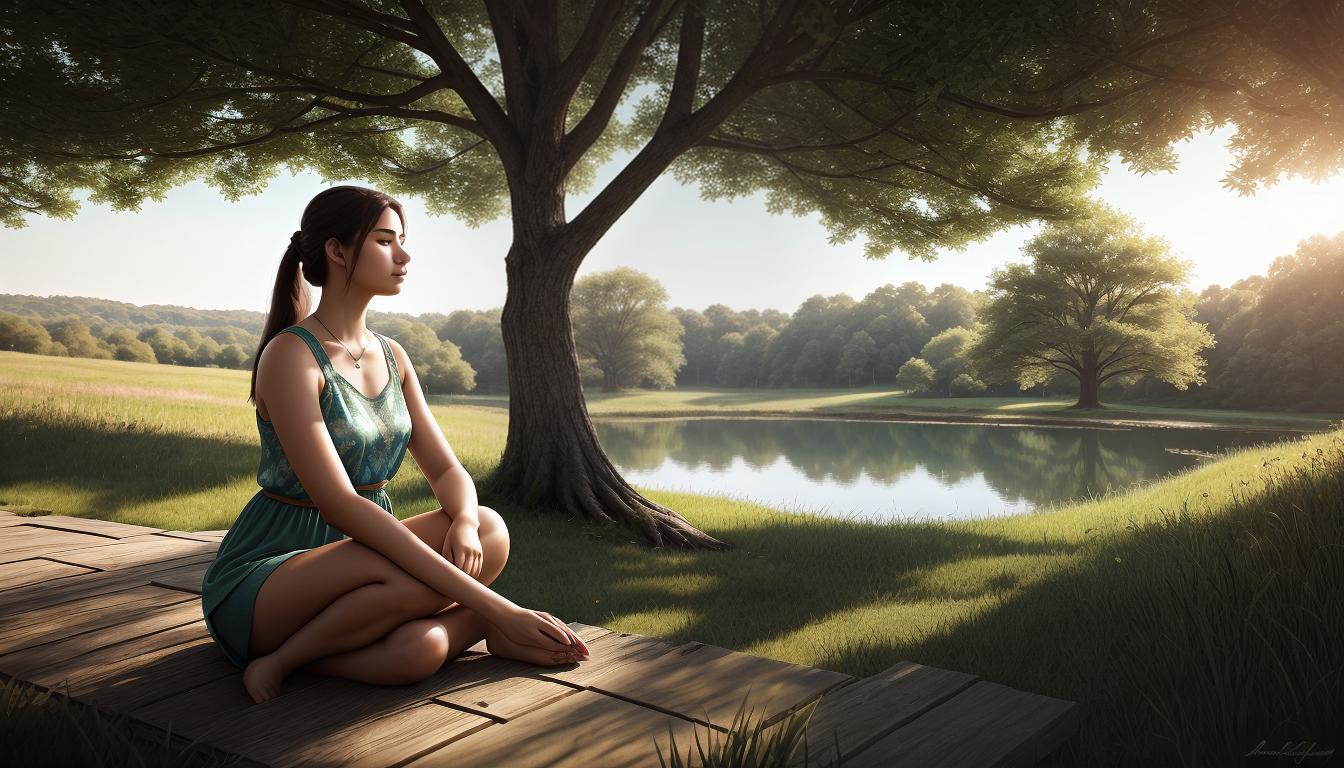  digital illustration, A figure sitting in a tranquil setting, hands clasped in a thoughtful pose, warm colors, peaceful surroundings, gentle sunlight filtering through trees, sign of self care, serene, looking at viewer, dynamic pose, (intricate details, masterpiece, best quality)