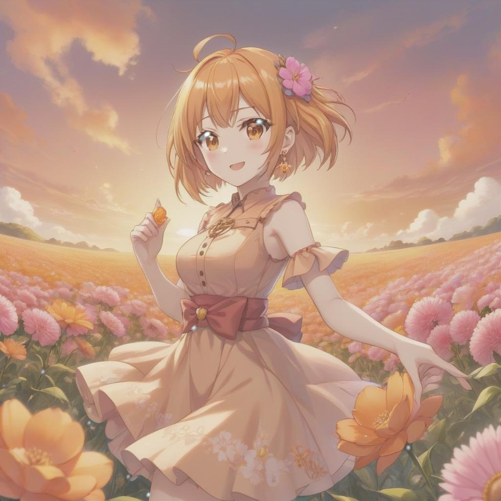  anime artwork orange, beige, pink, , short hairstyle, casual look, unusual composition. PINK, tone on tone earrings, smile, age, angry brows, smirk, tight dress, flounces, piercing, flower field, bouquet of flowers, clear line . anime style, key visual, vint, studio anime, highly detailed hyperrealistic, full body, detailed clothing, highly detailed, cinematic lighting, stunningly beautiful, intricate, sharp focus, f/1. 8, 85mm, (centered image composition), (professionally color graded), ((bright soft diffused light)), volumetric fog, trending on instagram, trending on tumblr, HDR 4K, 8K