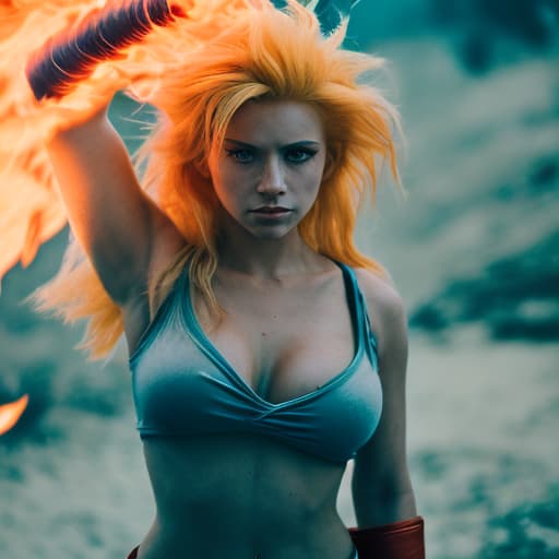 analog style Female super sayan, red goku kostüm. Perfekt body. Sayan hair, fire eyes, fire hands, high quality resolution hd