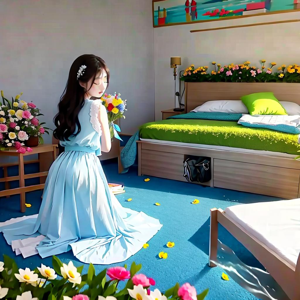  masterpiece, best quality, lady, girls, student, kneeling on one knee, holding flowers from behind, bed, watery eyes, contempt