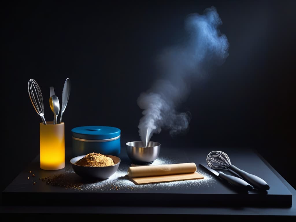  An image of a sleek, minimalistic kitchen countertop adorned with a set of baking utensils glowing with a subtle, otherworldly aura. The utensils include a rolling pin, cookie cutters, measuring cups, and a whisk, each emitting a unique, soft light symbolizing their superpowers. The background is dark, emphasizing the radiance of the utensils, creating a mystical and captivating scene fit for superhero bakers. hyperrealistic, full body, detailed clothing, highly detailed, cinematic lighting, stunningly beautiful, intricate, sharp focus, f/1. 8, 85mm, (centered image composition), (professionally color graded), ((bright soft diffused light)), volumetric fog, trending on instagram, trending on tumblr, HDR 4K, 8K