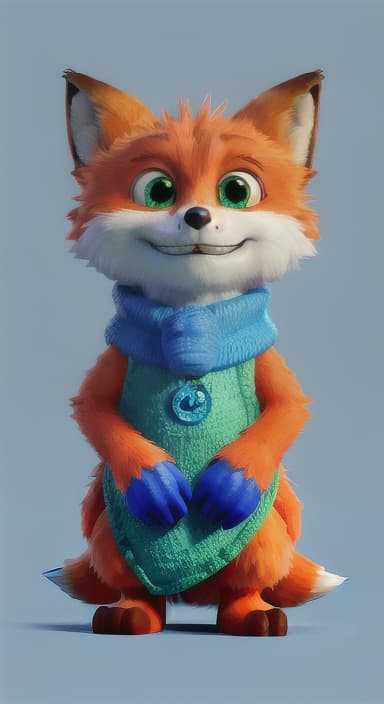  {Error the fox pressing the blue button with his paw, looking puzzled as nothing occurs., Error is a small, bright orange fox with a fluffy tail and big, inquisitive eyes. He has a mischievous yet kind expression and wears a tiny green scarf.