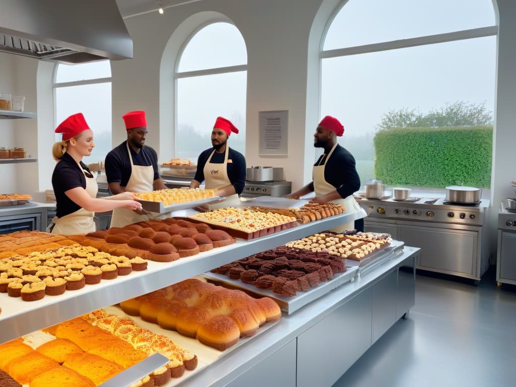  A photorealistic image of a diverse group of professional vegan bakers working together in a modern kitchen, surrounded by sleek stainless steel countertops filled with colorful trays of freshly baked vegan pastries and cakes. The bakers are focused and passionate, wearing aprons and chef hats, while joyfully decorating a beautiful tiered vegan cake as sunlight streams through a large window, casting a warm glow over the scene. hyperrealistic, full body, detailed clothing, highly detailed, cinematic lighting, stunningly beautiful, intricate, sharp focus, f/1. 8, 85mm, (centered image composition), (professionally color graded), ((bright soft diffused light)), volumetric fog, trending on instagram, trending on tumblr, HDR 4K, 8K