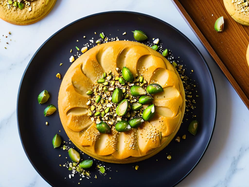  An image of a perfectly goldenbrown Barazek cookie sprinkled with crushed pistachios and sesame seeds, resting on a sleek, modern matte black plate. The cookie is delicately balanced on the plate, showcasing its intricate honeycomb pattern and nutty toppings. The background is a soft focus of a minimalist kitchen setting, with subtle hints of a marble countertop and a touch of natural light filtering in to highlight the textures of the cookie. hyperrealistic, full body, detailed clothing, highly detailed, cinematic lighting, stunningly beautiful, intricate, sharp focus, f/1. 8, 85mm, (centered image composition), (professionally color graded), ((bright soft diffused light)), volumetric fog, trending on instagram, trending on tumblr, HDR 4K, 8K