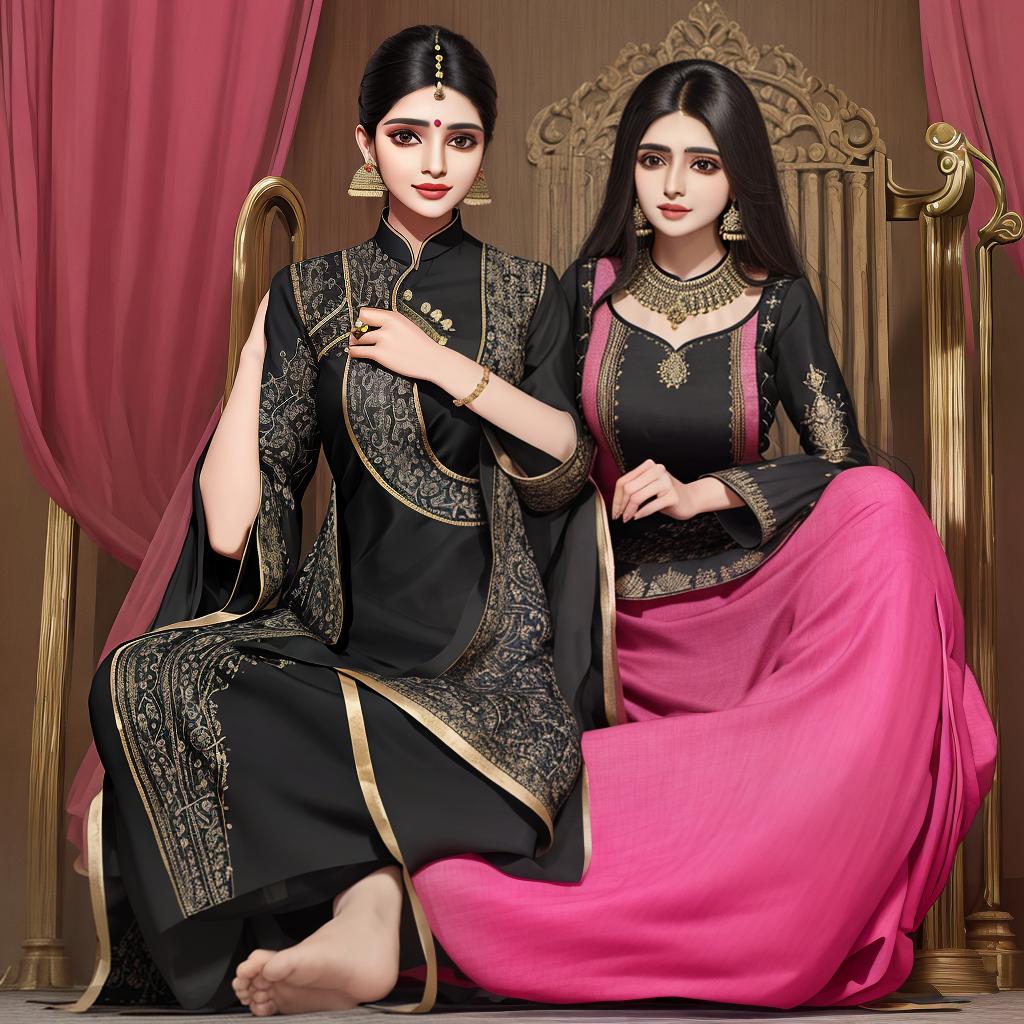  masterpiece, best quality,Elegant waist length kurti indian style with black sharara at bottom and black dupatta on top.should have embroidery patch work around neckline and .colour of kurti pink, long sleeves straight kurti ,